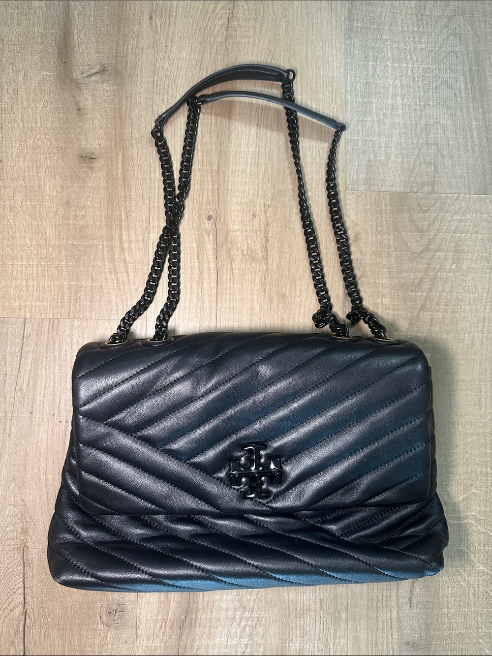Tory Burch Black Quilted Leather Chain Shoulder Bag with Logo